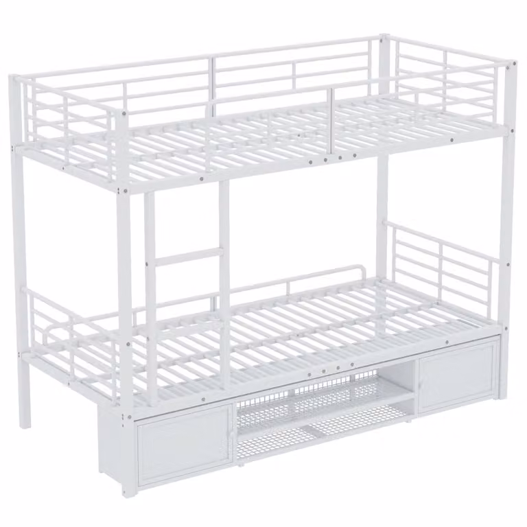 Cama litera infantil OKWISH de metal blanca con zapatero y estantería integrada, An/P/Al: 90 x 200 x 205 cm