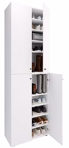 Armario zapatero VCM de madera y lona con puertas batientes y 10 compartimentos, color blanco, An/P/Al: 70 x 40 x 220 cm