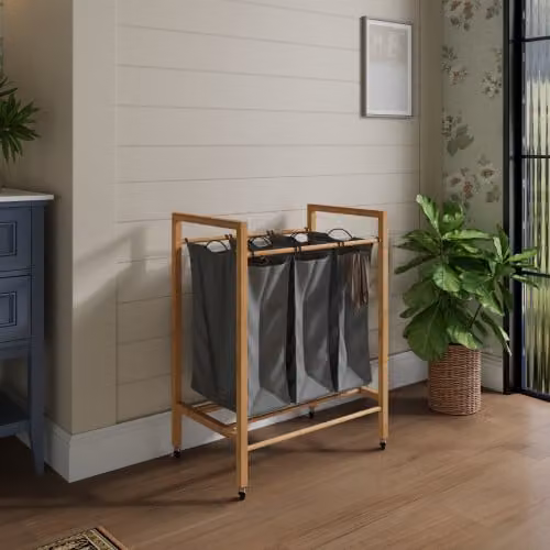 Cesto de ropa de bambú HAUSS SPOLE con 3 compartimentos extraíbles de tela, color antracita y beige, An/P/Al: 62 x 40 x 83 cm