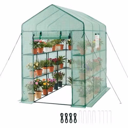 Invernadero de jardín VEVOR verde con estantes de 3 niveles, ventanas y puerta enrollable, An/P/Al: 137 x 206 x 196 cm