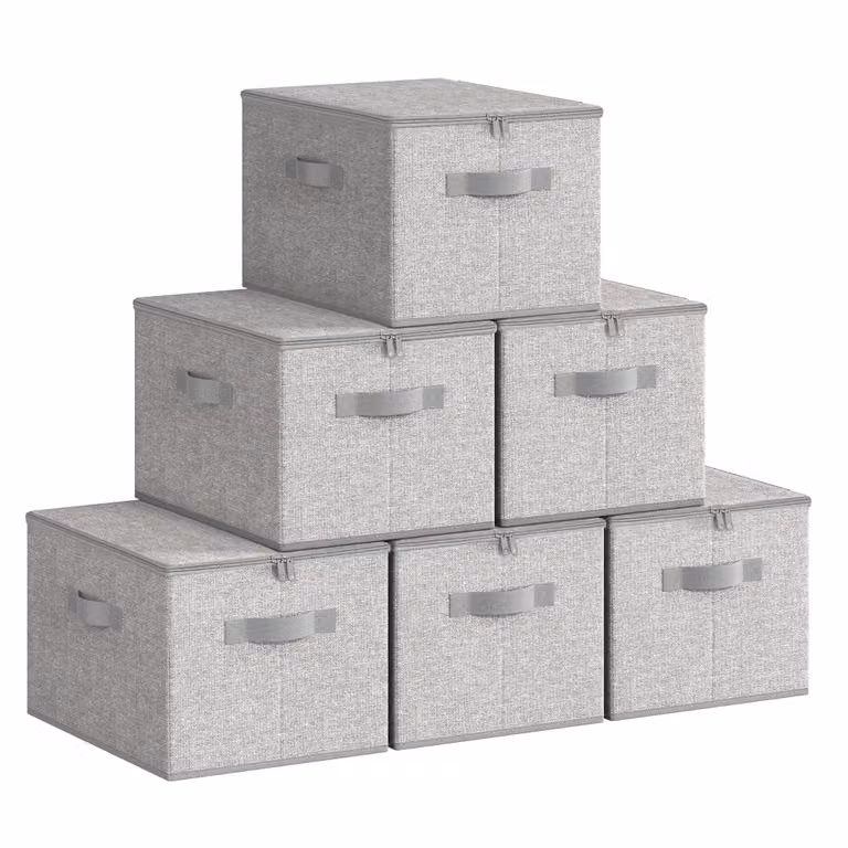Juego de 6 cajas de almacenamiento plegables Songmics con tapa y asas, tela no tejida y cartón, gris o blanco, An/P/Al: 30 x 30 x 17 cm