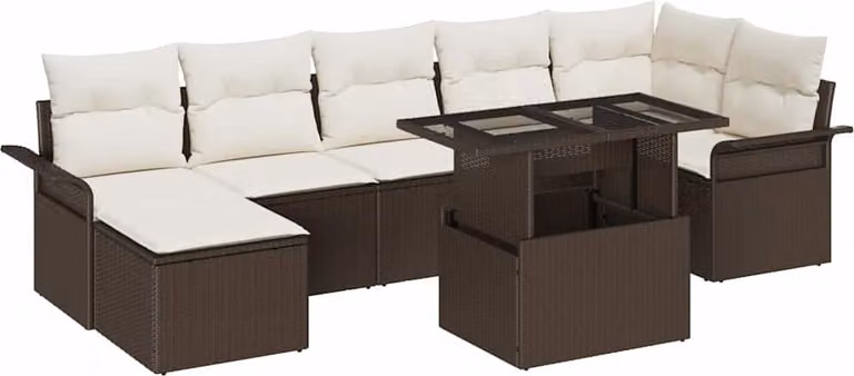 Conjunto de sofá de jardín Syfax en poliratán marrón con 8 piezas, incluye cojines, otomana y mesa de centro con cristal