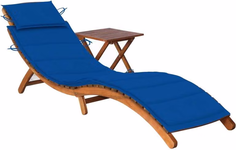 Tumbona de jardín Syfax de madera maciza de acacia con mesa y cojín azul resistente a la intemperie