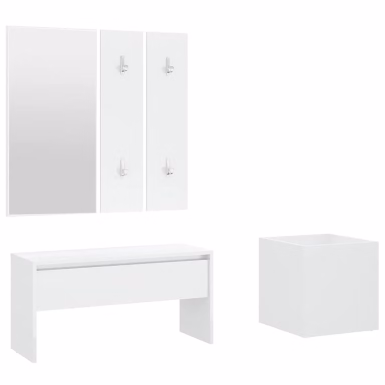 Juego de muebles de recibidor moderno vidaXL de madera en color blanco que incluye banco, espejo, estante de pared y zapatero