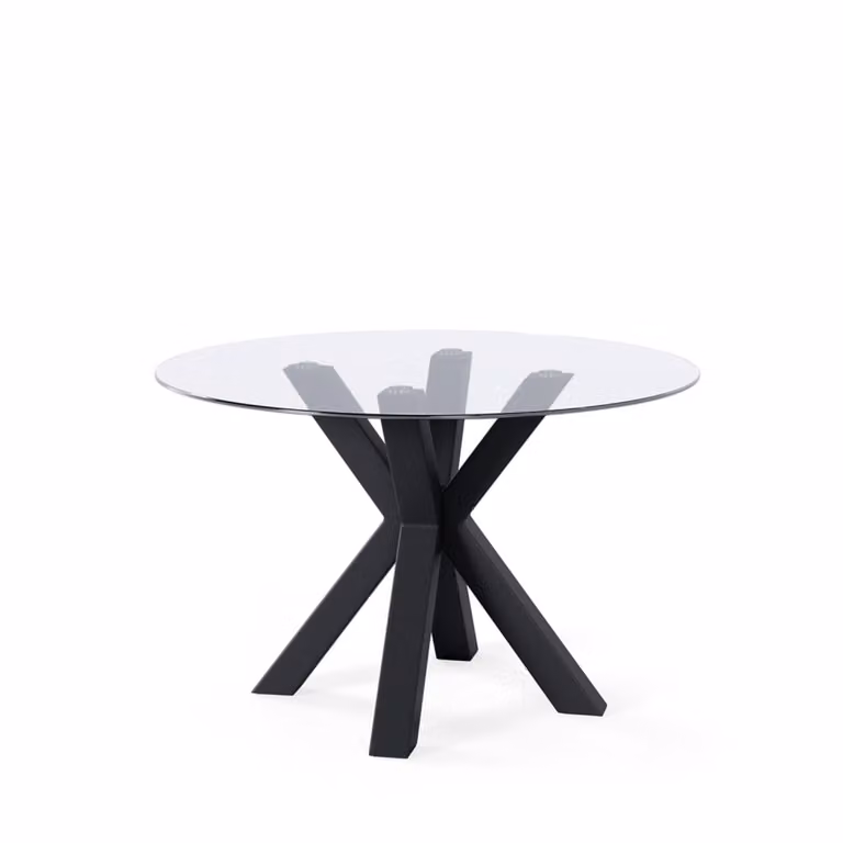 Mesa redonda moderna Koketto Home con tapa de cristal transparente y patas metálicas negras de 120 cm de diámetro