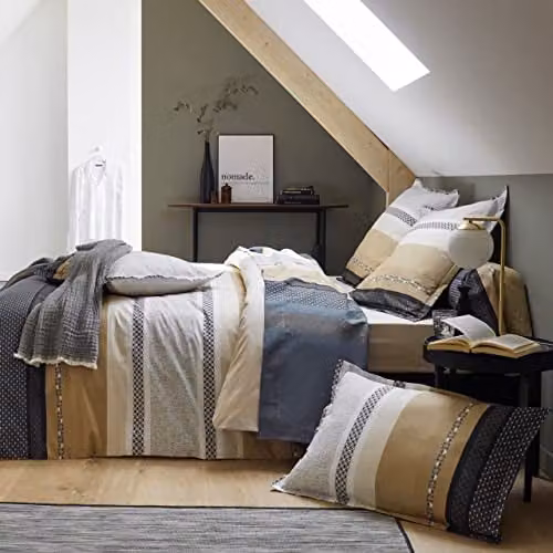 Funda nórdica reversible Marlow de Tradilinge en percal de algodón con diseño de rayas, gris y beige, 200 x 200 cm