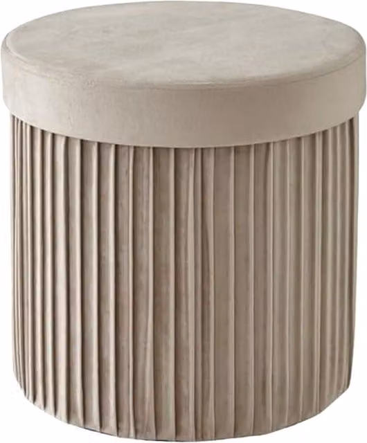 Puf de almacenaje NORTHIX tapizado en terciopelo beige con asiento acolchado y gran compartimento cilíndrico