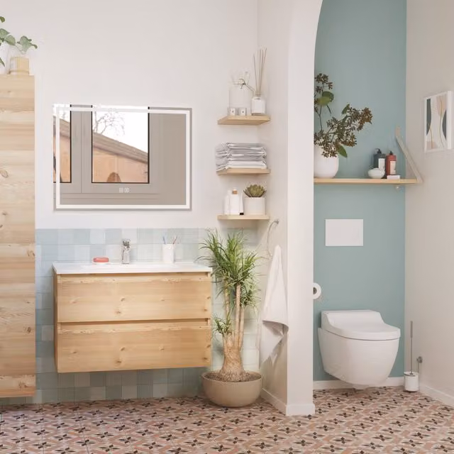 Mueble de baño colgante Laura de madera con 2 cajones y espejo LED en color lila de 80 cm