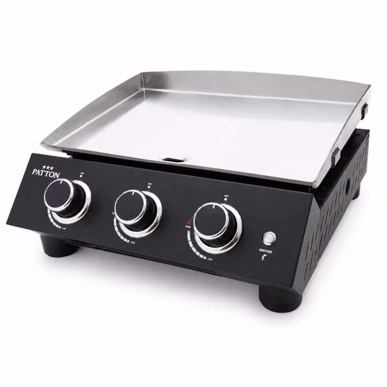 Plancha de gas de mesa Patton en acero inoxidable color plata y negro con 3 quemadores