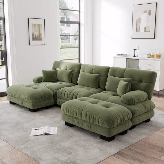 Sofá Esquinero Modular Kellany en Forma de U con Función de Sofá Cama y Otomana, Tapizado en Chenilla Verde